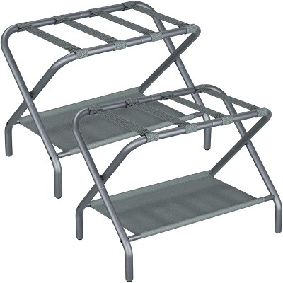 Luggage Rack, Foldable Suitcase Stand with Fabric Storage Shelf, Luggage Holder with 4 Nylon Straps