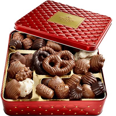 Chocolate Christmas Gift – Gourmet Holiday Tin with Assorted Chocolates & Caramels in Red Tin