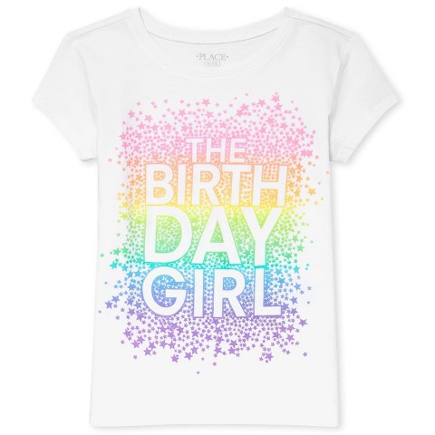 The Children's Place Girls Birthday Short Sleeve Rainbow 'The Birthday Girl' Graphic Tee White M (7/8)