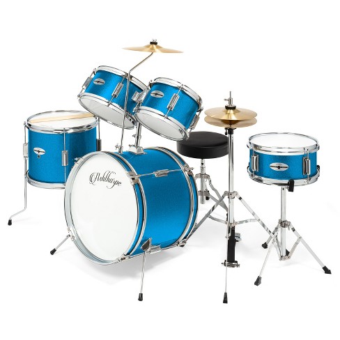 Ashthorpe 5-Piece Complete Junior Drum Set with Brass Cymbals - Advanced  Beginner Drum Kit - Blue