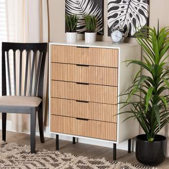 Baxton Studio Karima Mid-Century Modern Two-Tone White and Natural Brown Finished Wood and Black Metal 5-Drawer Storage Cabinet