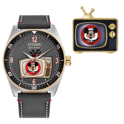 Disney Citizen Eco-Drive Watch featuring Mickey Mouse Special Edition Disney 100 Mickey Mouse Club and Pin Box Set, Gray Leather Strap 3 Hand