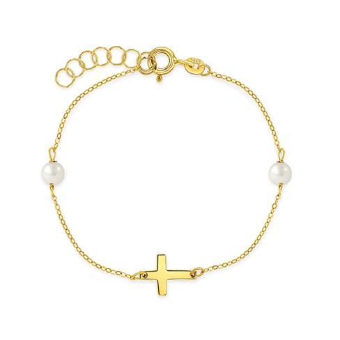 Little Girl Pearl Cross Bracelet- Gold