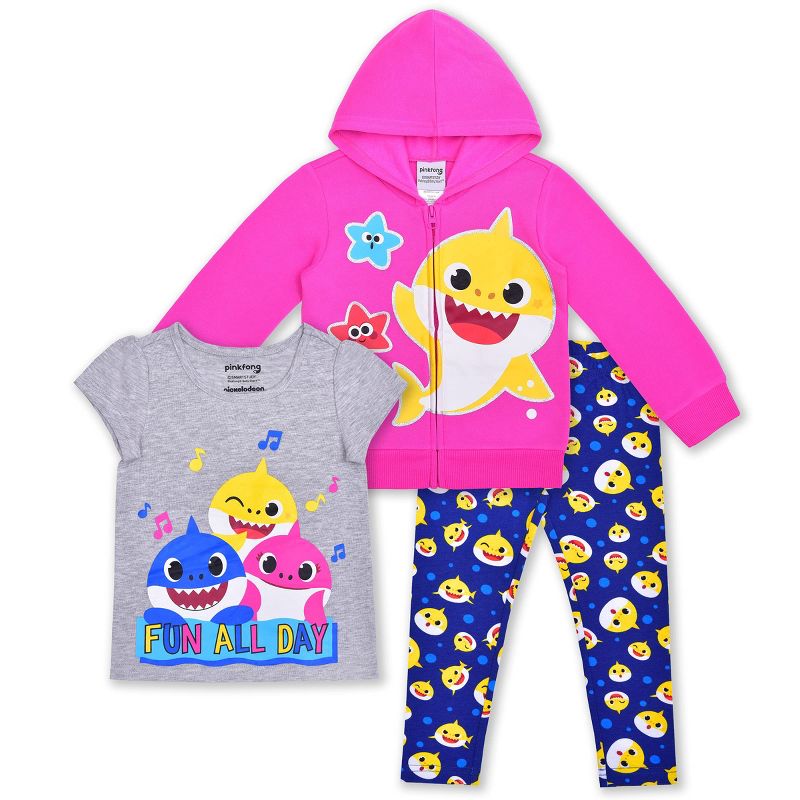 Nickelodeon Girl's 3-Pack Baby Shark Fun All Day Graphic Tee, Zip Up Hoodie and Legging Pant Set for toddler, 1 of 8