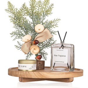 Round Decorative Tray Wood Bathroom Counter Organizer Farmhouse Kitchen Decor Wooden Riser 10" - Brown - 1 of 4