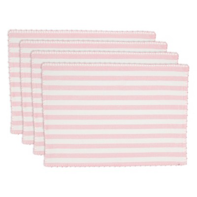 Pink and White Striped Cotton Rectangle Placemats with Pom Poms, Set of 4