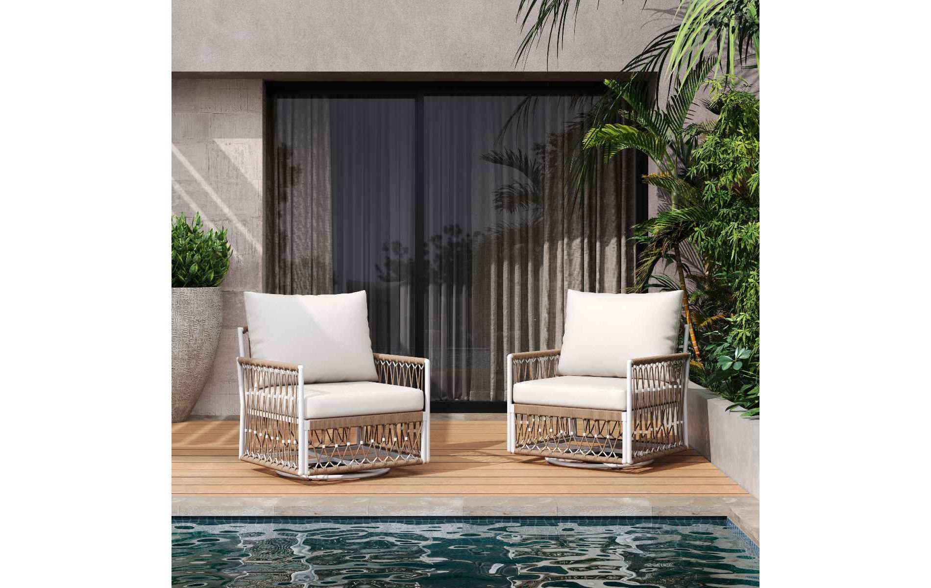 Set of 2 Swivel Patio Accent Chairs with Handwoven Rope, Beige Accent Chair for Garden and Poolside, Chair with Powder-Coated Steel Frame-Coolbibila