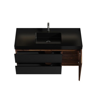 phiestina 48" Walnut Bathroom Vanity with Matt Black Sink, Soft Black Drawers & Door, Wall Mounted, Pre-Assembled