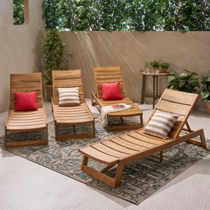 Christopher Knight Home Maki Outdoor Acacia Wood Armless Adjustable Chaise Lounges (Set of 4) - 1 of 4