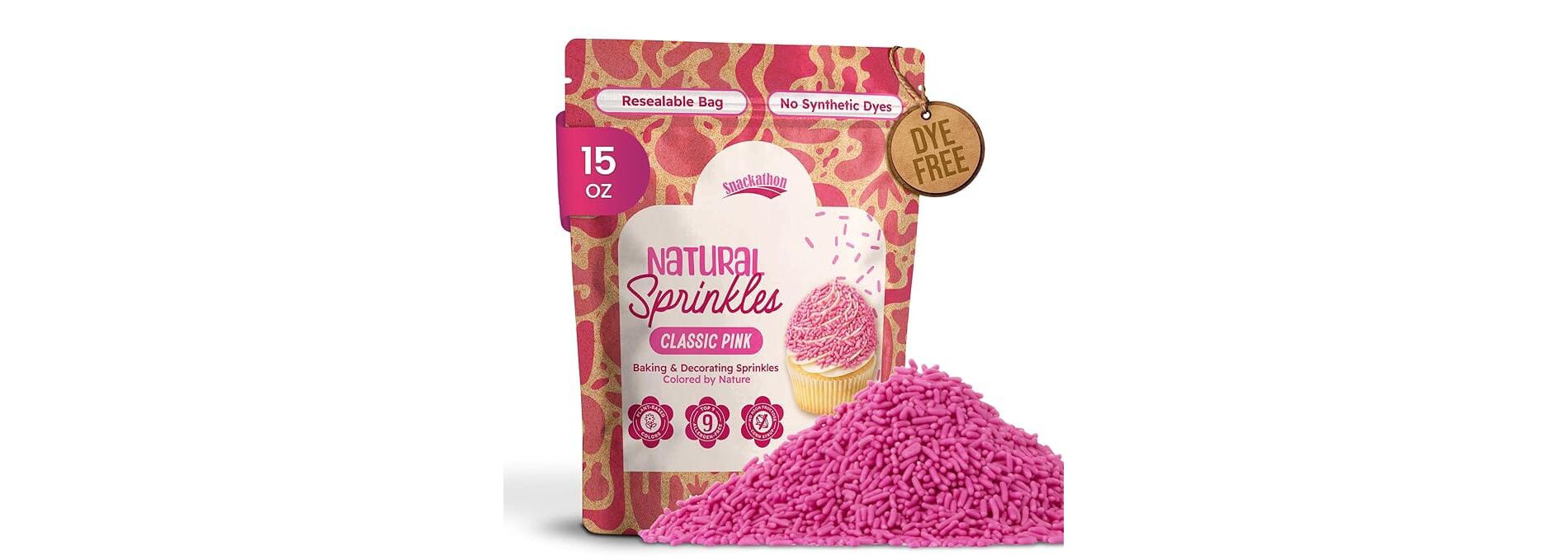 Snackathon Natural Dye-Free Pink Sprinkles for Baking & Decorating (Jimmies) Pink 15 Ounce