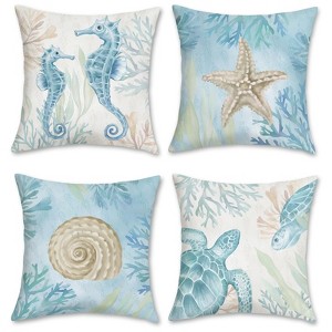 Ocean Beach Throw Pillow Covers 18 x 18 Inch Seahorse Turtle Starfish Coastal - 1 of 3