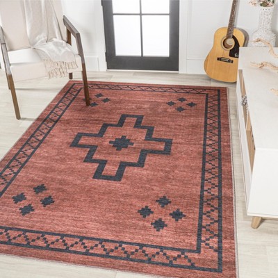 Korsa Red and Dark Gray Geometric 9' x 12' Washable Area Rug