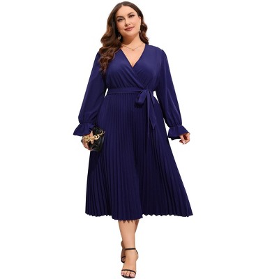 WhizMax Women Plus Size Wrap V Neck Pleated Hem Dress Ruffle Long Sleeves Elegant A Line Midi Dress with Belt