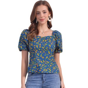 Allegra K Women's Puff Sleeve Square Neck Peasant Floral Blouse - 1 of 4