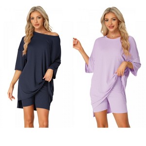 INSPIRE CHIC Women's 2 Pcs Knit Loungewear 3/4 Sleeve T-Shirt with Bike Shorts Pajama Set - 1 of 4