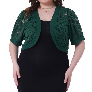 Agnes Orinda Women's Plus Size Short Sleeve Sheer Floral Lace Open Front Cropped Cardigans - 1 of 4