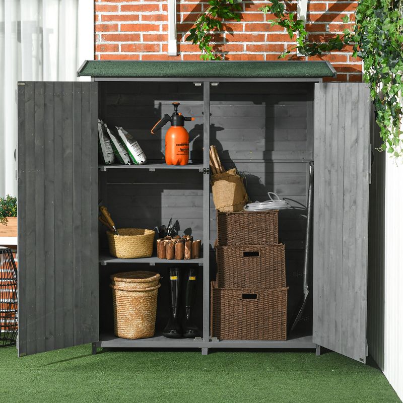 Outsunny Outdoor Storage Cabinet Wooden Garden Shed Utility Tool Organizer with Waterproof Asphalt Rood, Lockable Doors, 3 Tier Shelves for Lawn, Backyard, 2 of 7