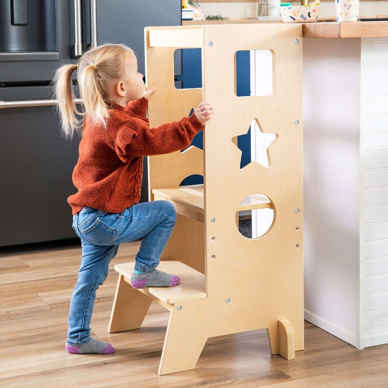 Guidecraft Jr. Classic Kitchen Helper Step-Up - Natural: Wooden Montessori Toddler Tower, Adjustable Height Bathroom Stool for Kids, 3 of 9