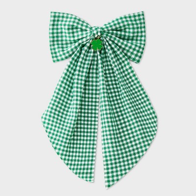 St. Patrick's Day Gingham Print with Clover Charm Hair Bow Clip - White/Green