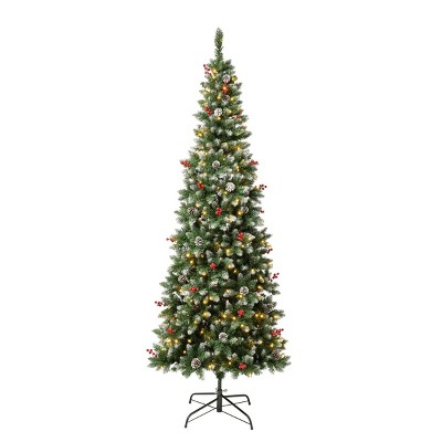 National Tree Company First Traditions 7.5' Pre-Lit LED Slim Cullen Hinged Artificial Christmas Tree: Includes Stand, Pinecones & Berries