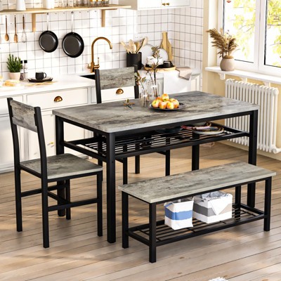 Hooseng 4 Pieces Dining Room Table Set with 2 Chairs and 1 Bench, 4-Person Dining Table Set with MDF Table Top, Metal Frame, and Storage Racks