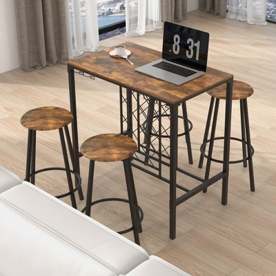 Rustic Brown and Black Industrial Pub Table Set with Wine Rack and Glass Holder