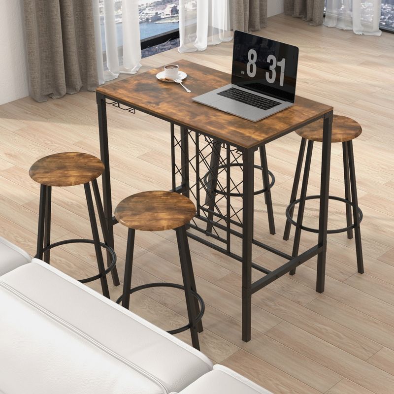 Costway 5PCS Bar Table & Stools Set Industrial Bistro Set with Wine Rack & Glass Holder, 3 of 6