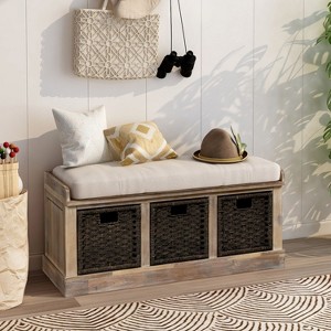 CAVINAS Storage Bench Shoe Rack Rustic Storage Bench with 3 Removable Rattan Basket, White Washed - 1 of 4