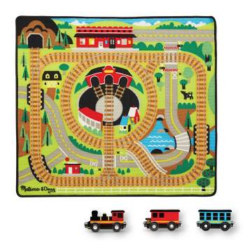 Melissa & Doug Round the Rails Train Rug With 3 Linking Wooden Train Cars  (39 x 36 inches)