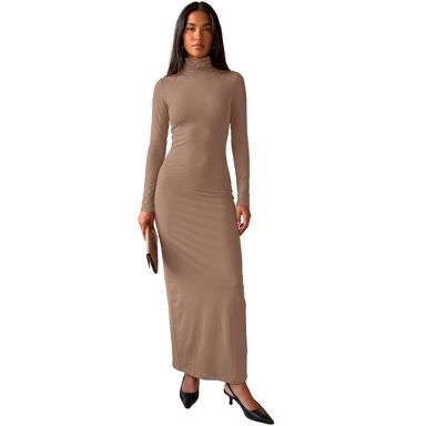 long bodycon dress casual INSPIRE CHIC Women's Turtleneck Sleeve Slim Fit Elegant Basic Maxi Pencil Party Club XX Large Beige Color:Custom Color( Special instructions For Seller) while the sleeveless keeps Do not sync Velvi - Eclipse Gown