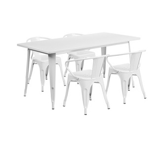 Emma and Oliver Commercial Grade Rectangular White Metal Indoor-Outdoor Table Set-4 Arm Chairs - 1 of 4