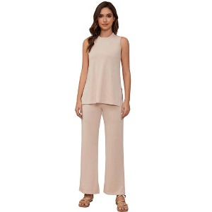 Lounge Sets for Women 2 Piece Pajamas Sets Crew Neck Ribbed Kint Side Slit Tank Tops With Pant - 1 of 4