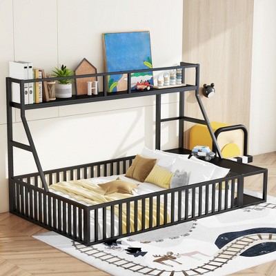 Floor Bed Frame, Metal Platform Bed with Safety Guardrails & Desk and Storage Shelves, Playhouse Bed Frame for Bedroom Playroom