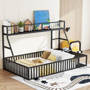 Floor Bed Frame, Metal Platform Bed with Safety Guardrails & Desk and Storage Shelves, Playhouse Bed Frame for Bedroom Playroom - 1 of 4