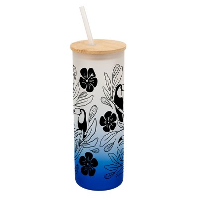 Elanze Designs Tropical Tucan Bird Flower Garden Wrap-Around Design 25 Ounce Frosted Gradient Glass On-The-Go Coffee Travel Skinny Tumbler Mug Cup,