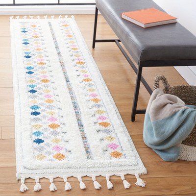 Ivory and Grey Moroccan Fringe Shag Runner Rug
