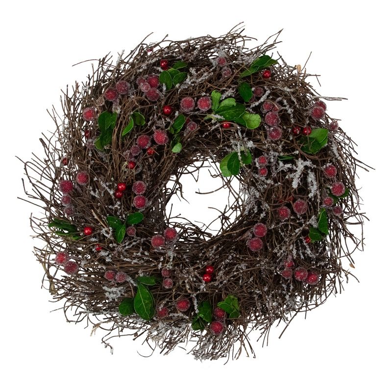Northlight 13" Unlit Frosted Brown Twig Artificial with Leaves and Berries Christmas Wreath, 1 of 5
