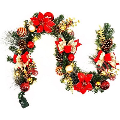 6 ft Pre-Lit Christmas Garland, Red & White, Ball Ornaments, Flowers, Pine Cones, Gold Accents, 20 Lights, for Mantel, Stairs, Windows