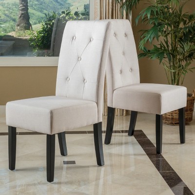 Natural Linen Upholstered Side Chair with Wood Legs, Set of 2