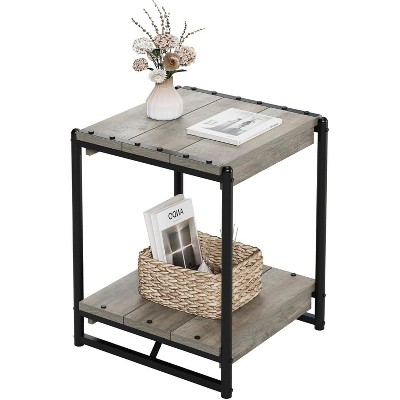 Homhougo 20" Large Square Farmhouse Wood Storage End Table- Modern Metal Frame Bed Couch Sofa Side Table/Nightstand, Easy Assembly, Grey