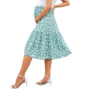 Women's High Waist Maternity Skirt Summer Floral Pleated Swing A Line Midi Skirts  Whit Pocket - 1 of 4