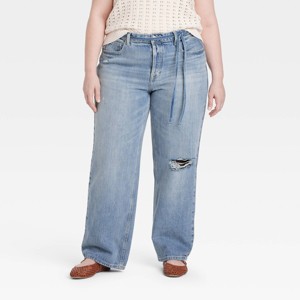 Women's Mid-Rise Tie-Waist Drawstring Baggy Jeans - Universal Thread™ - 1 of 3