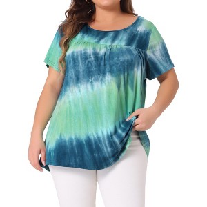 Agnes Orinda Women's Plus Size Tie Dye Short Sleeve Casual Round Neck Pleated Summer Blouse - 1 of 4