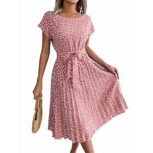 Women's Floral Print Short Sleeve Pleated Midi Dress with Self-Tie Belt - 1 of 4