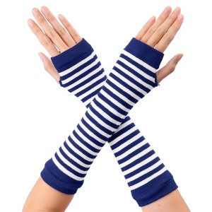 Allegra K Women's Stripe Print Knitted Fingerless Elbow Length Gloves Warmers One Size 1 Pair - 1 of 4