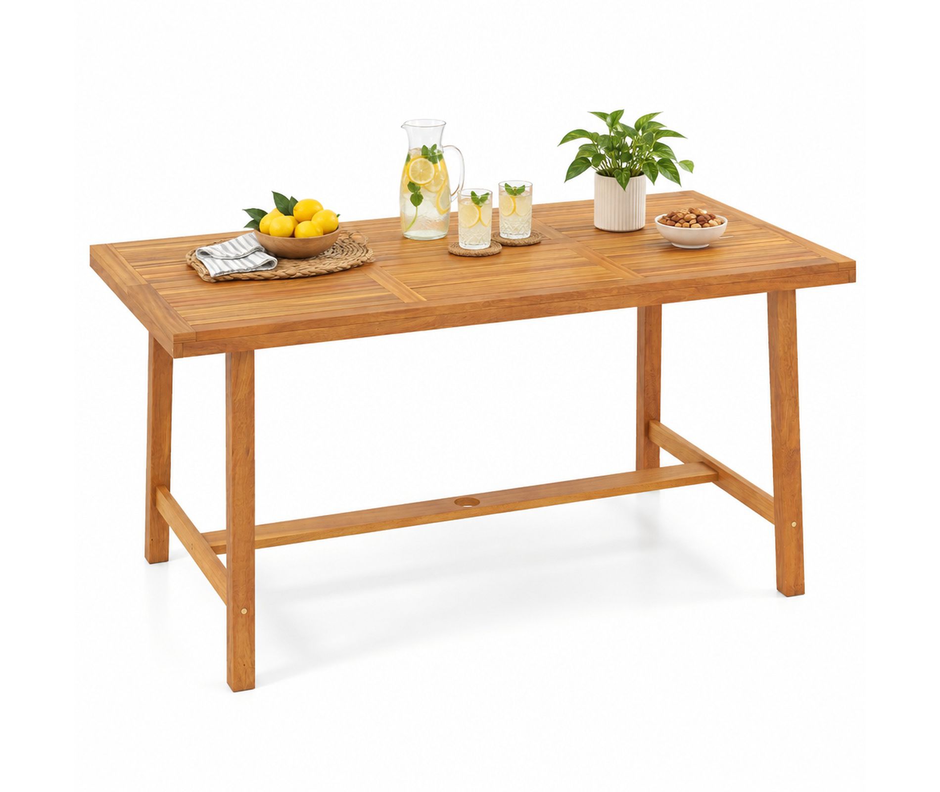63 Inch Acacia Wood Patio Dining Table for 6 People with 1.97 Inch Umbrella Hole, Natural Outdoor Dining Table