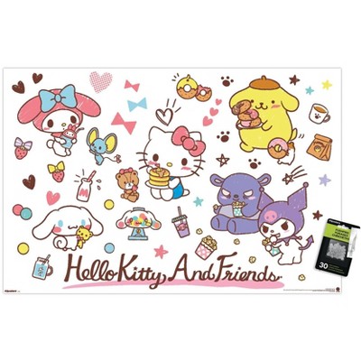 Trends International Hello Kitty and Friends: 25 Snack Time - Group Unframed Wall Poster Print Clear Push Pins Bundle 22.375" x 34"