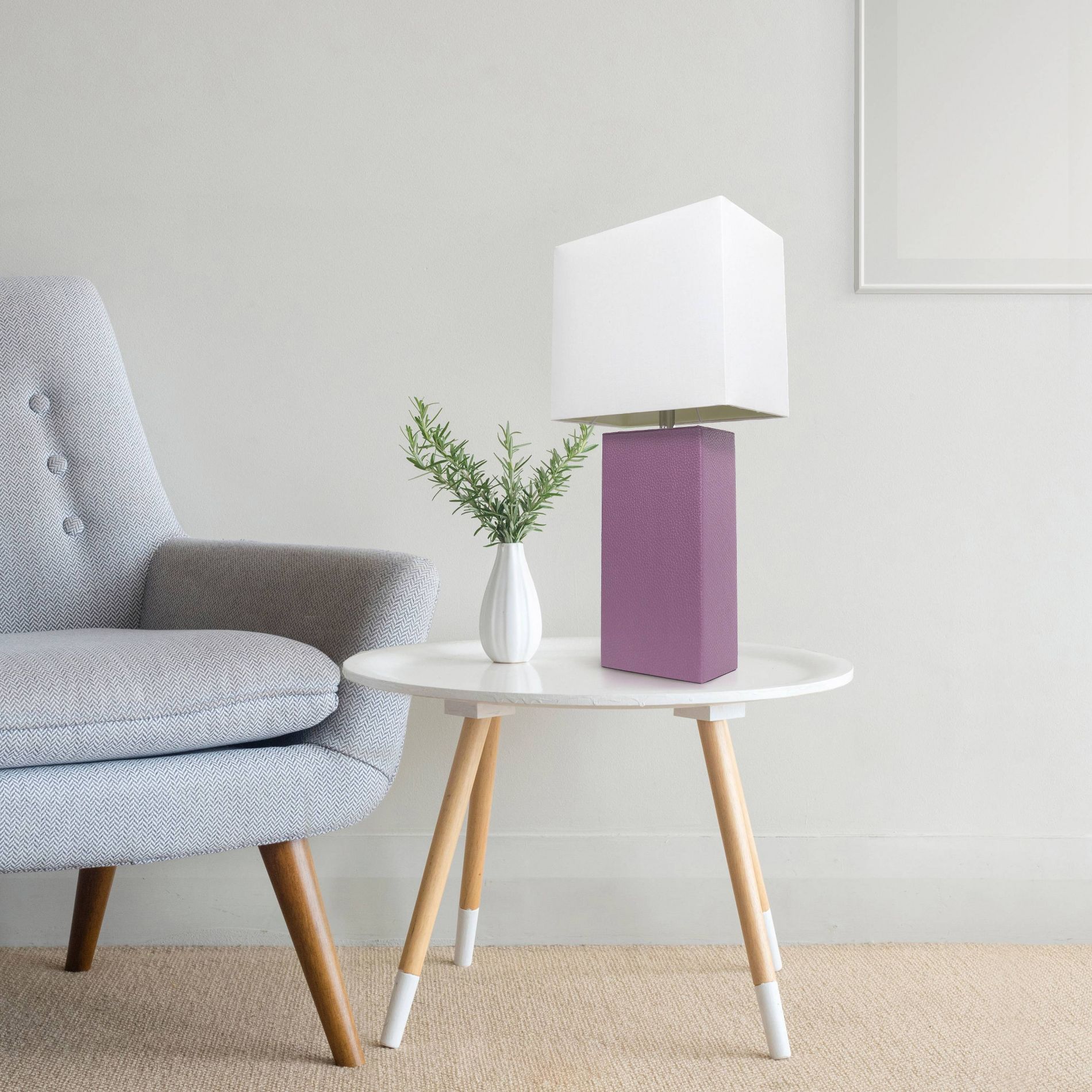 Lalia Home 21" Lexington Leather Base Modern Home Decor Bedside Table Lamp with Fabric Shade Purple/White: UL Listed, No Assembly Required