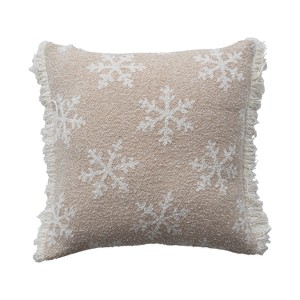 Storied Home Square Woven Fabric Jacquard Two-Sided Pillow with Snowflake Pattern and Fringe, Beige and Natural - 1 of 2