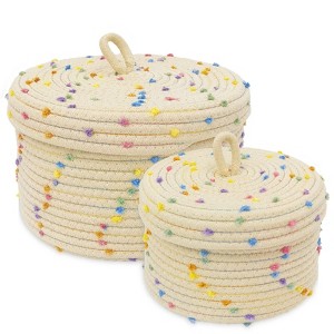 Aoibox Round Cotton Rope Storage Baskets with Lids Set of 2 Small Woven Decorative Rainbow Pompom Organizer Bins - 1 of 4